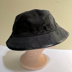 COACH Signature C Bucket Hat Jacquard Cotton Leather Logo Trim Wide Rim Black ML